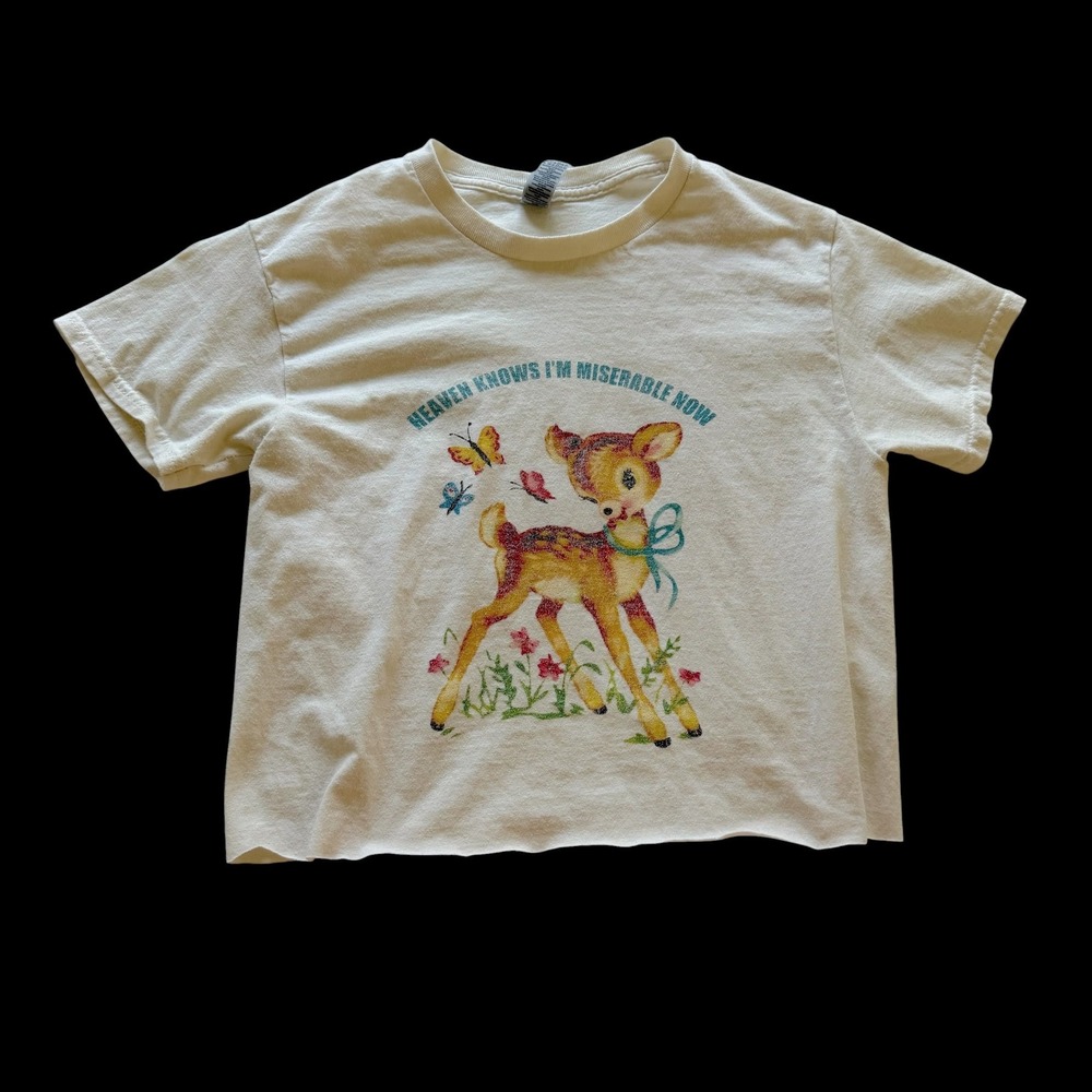 Y2K Heaven Knows I'm Miserable Now Deer Crop Top Cream Small Funny